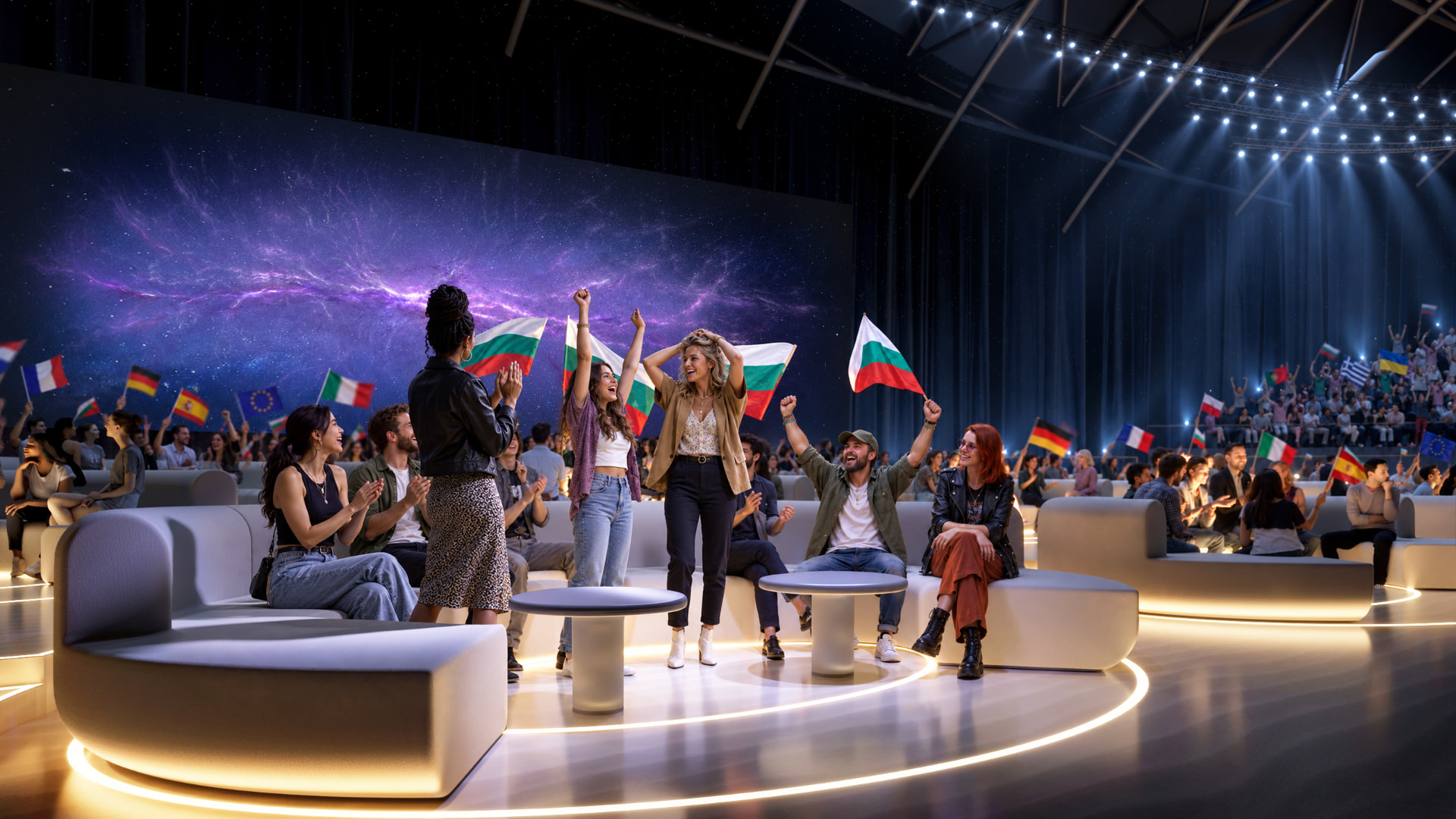 Остров на делегациите в Green Room — заоблени меки модули с топла вградена светлина, а зад тях публиката и големият екран на арената